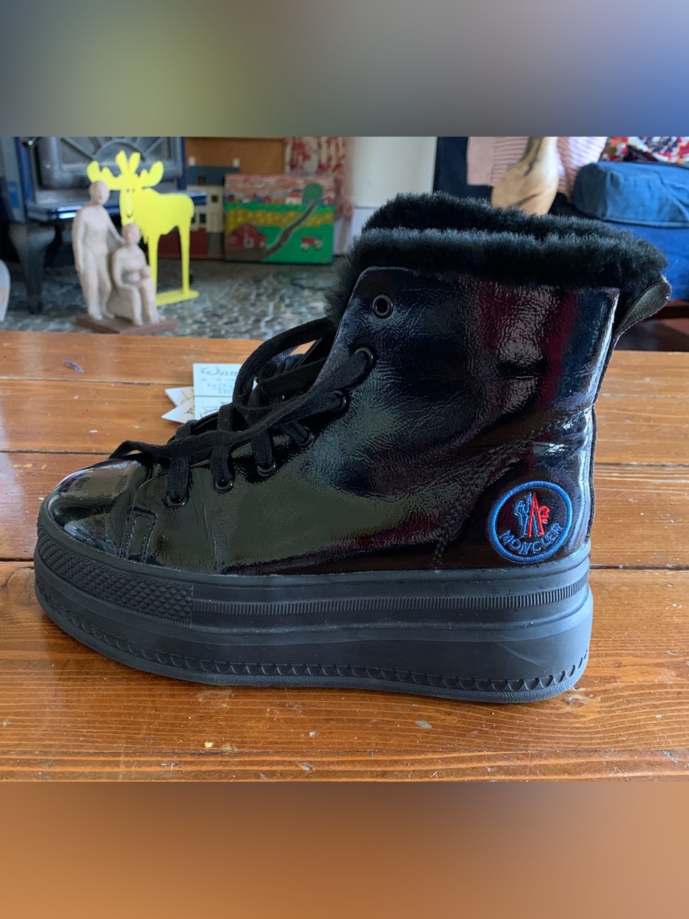 Moncler Women's Black Patent Lace-Up Fur Collar Boot